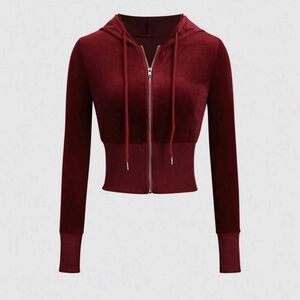 Wine Red Velvet Zipper Front Hoodie, Long Sleeve Crop Top, Slim Fit Casual Chic